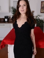 Skinny woman takes off black dress and exposes hairy puss