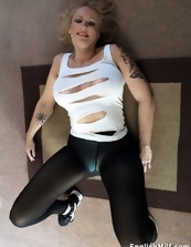 Cheerful mature in leggings shows big booty and hot mom tits