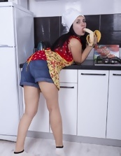 Voluptuous mom, who works as maid in the kitchen, undresses