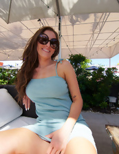 Long-haired MILF with sunglasses flashes big boobies in public