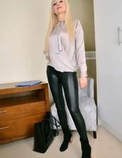 Blonde MILF takes off clothes to show perky boobs and sweet pussy