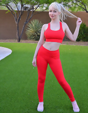 Hot blonde MILF toys wet pussy after outdoor fitness