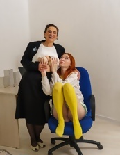 Office Lesbian Spreads Milf Wide