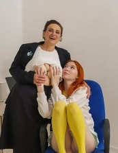Office Lesbian Spreads Milf Wide