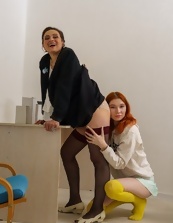 Office Lesbian Spreads Milf Wide