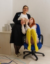 Office Lesbian Spreads Milf Wide
