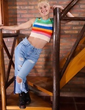 Blonde Tomboy Nude Staircase Strip