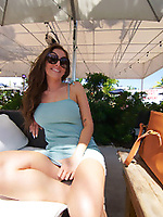 Long-haired MILF with sunglasses flashes big boobies in public