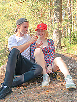 Naked amateur babe sits on partner outdoors, natural tits, raw vibe
