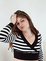 Brunette babe in striped top teases hairy pussy in raw solo tease spread pose
