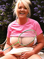 Mature nude blonde shows natural tits and trimmed bush in spread pose solo tease